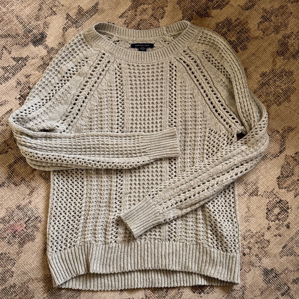 American Eagle Women's Open-Knit Crewneck Sweater - gray/beige